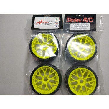 JOGO DE RODA BBS AMARELO E PNEU SLICK MÉDIO MONTADO PARA ESCALA 1/8 CUBO 17MM GT NOVO COMPOSTO SINTEC S502